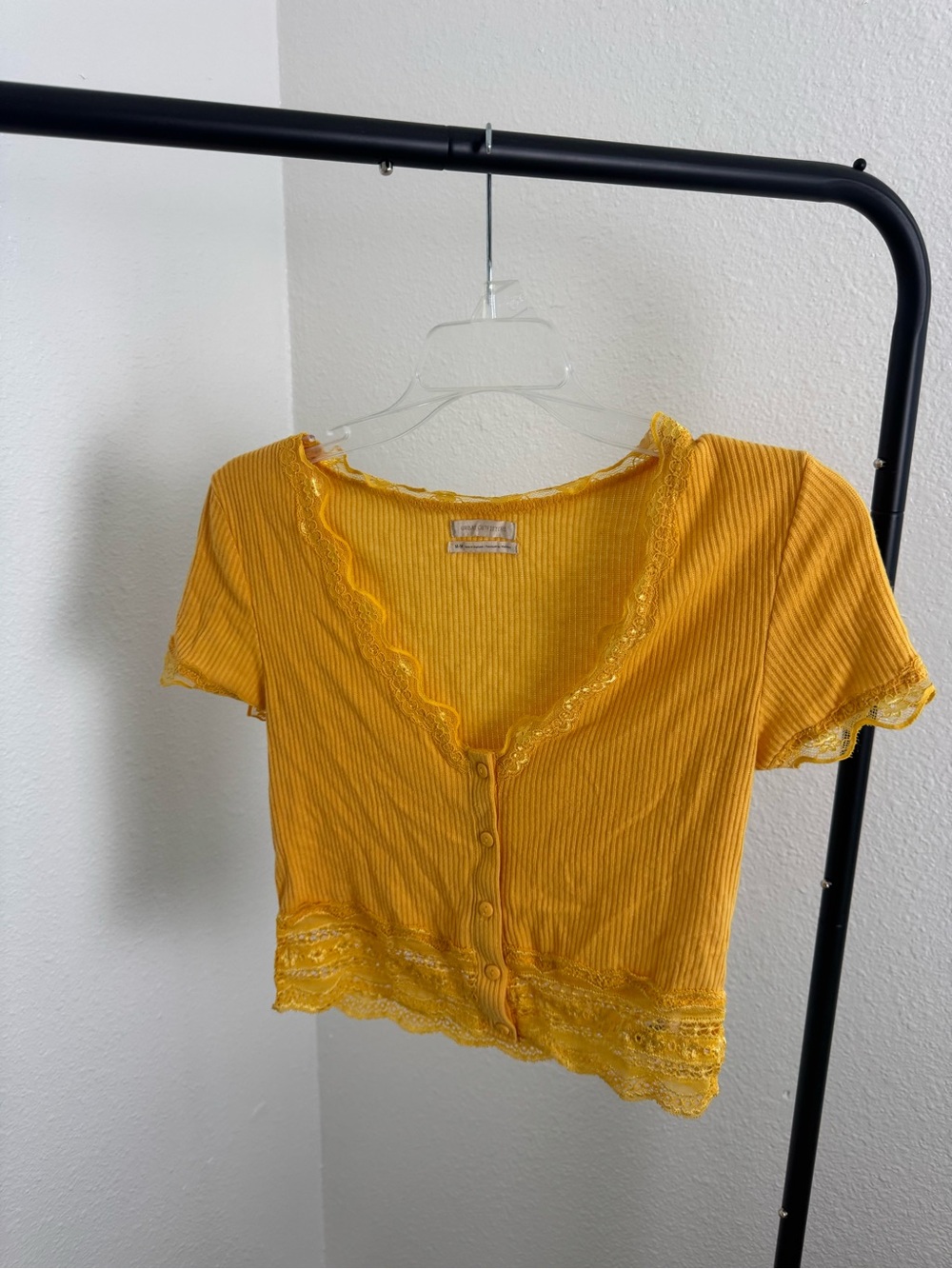 Urban Outfitters Mustard Yellow Ribbed Lace-Trim Crop Top - Picture 1 of 4
